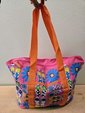 Vintage Bright Pink Tote with Colorful Flip-Flop Print Beach Travel Luggage